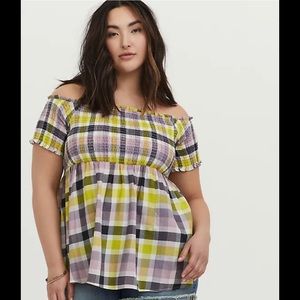 Torrid pink yellow and purple smocked off the shoulder peplum top size 0 or 12